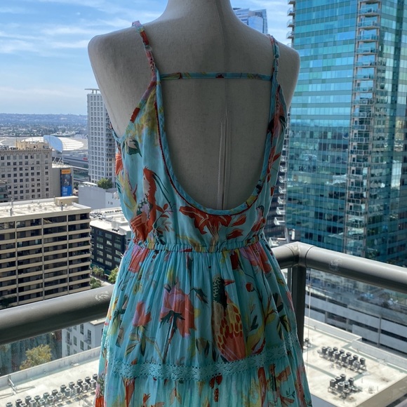 Maxi Spring Boho Dress in Tropical Bird Print Fabric Trimmed in Lace - Small - Picture 5 of 17